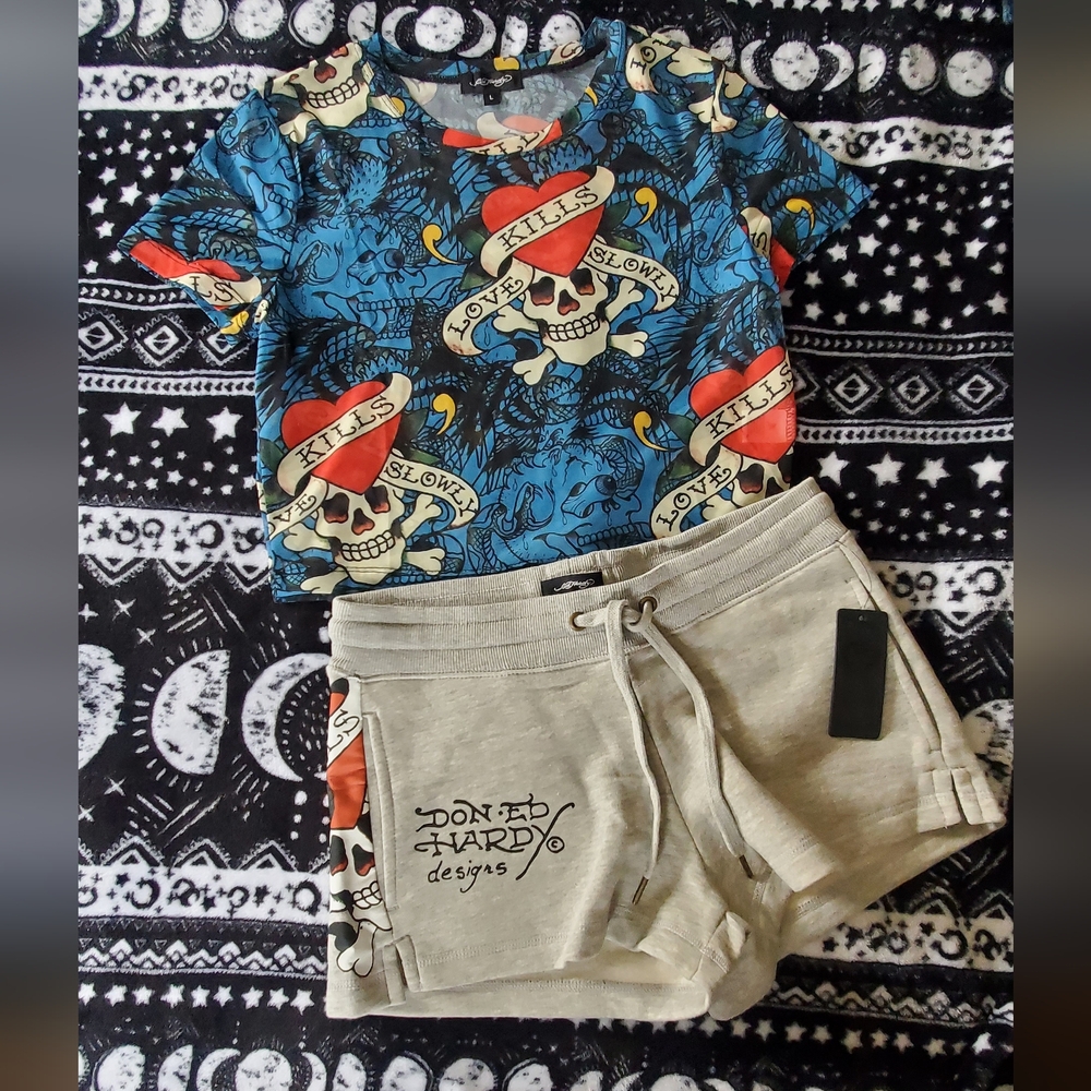 Ed Hardy Skull Graphic Tee and Shorts Set